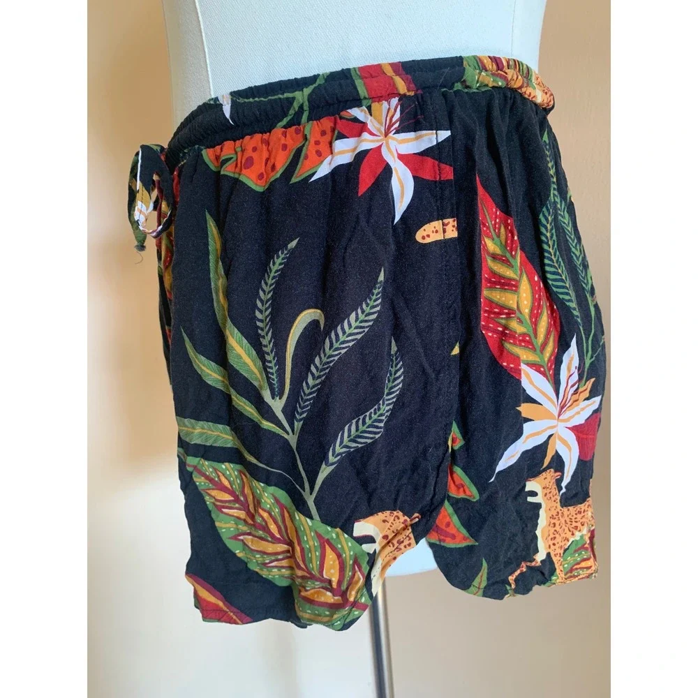 Tropical Leopard Print Shorts Black Elastic Waist Beachwear Summer